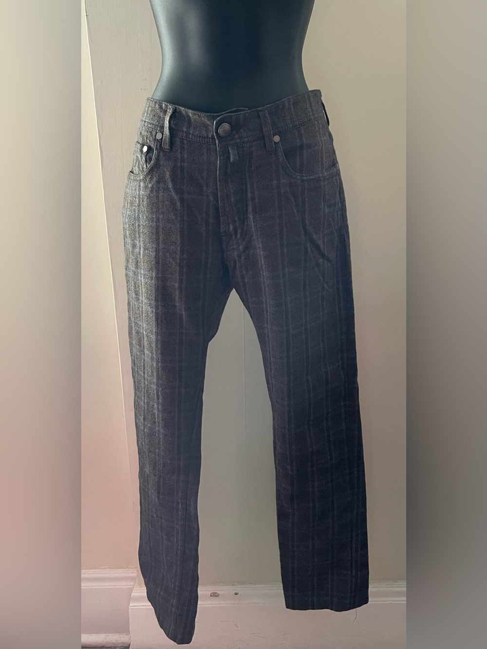 Jacob Cohen Gray & Blue Plaid Straight-Leg Wool Pants Size 32